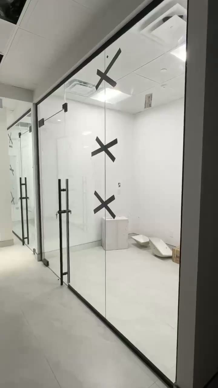 Frameless glass office partition wall with black door hardware